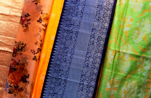 Close-up view of Indian woman fashion and tradtional wear sarees in shop display