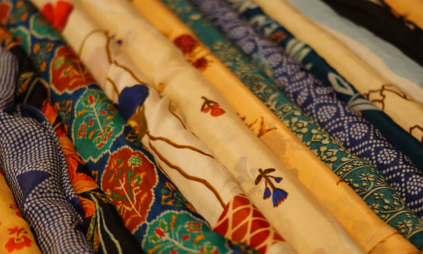 Close-up view of Indian woman fashion and tradtional wear sarees in shop display